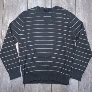 Polo Ralph Lauren Sweater Mens Medium Grey Striped V-Neck Pima Cotton Pony Logo